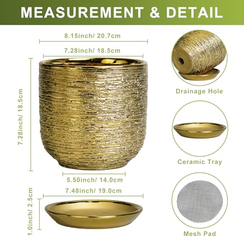 8 Inch Plant Pot, Ceramic Planter with Drainage and Saucer, Gold - color: Gold, size: 8 Inch