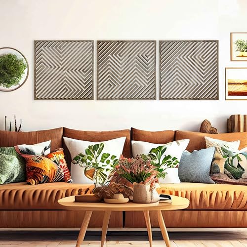 Wood Geometric Wall Art, Large 3D Optical Illusion Wooden Wall Art Modern, Abstract Wood Wall Decor Living Room, 3 Piece Wood Wall Panels