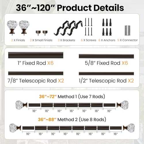 Brown Double Curtain Rod 66-120 Inch Heavy Duty Foil Resin Finial - color: Brown, size: 66-120"
