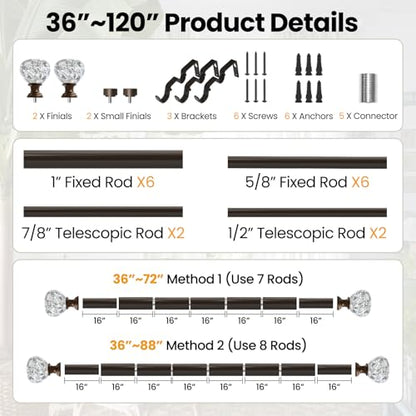 Brown Double Curtain Rod 66-120 Inch Heavy Duty Foil Resin Finial - color: Brown, size: 66-120"