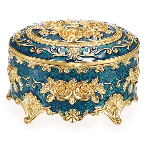 Hipiwe Vintage Metal Jewelry Box - Oval Trinket Ring Case with Gold Rose - color: Blue, size: Small