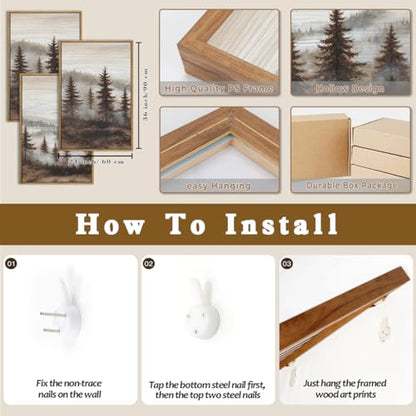 Aurlan Large Foggy Pine Tree Mountain Framed Canvas Wall Art Set-24"x36"x3 - color: Foggy Landscape Wall Art, size: 24"L x 36"W