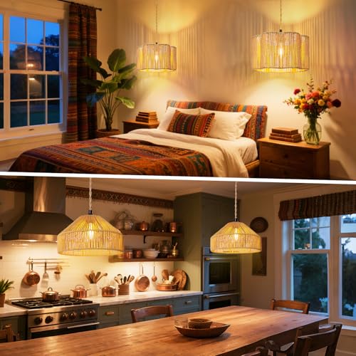 Hanging Lamps Rattan Pendant Light Hanging Lights 16.4ft Plug in Cord Pendant Light Fixture Plug Into Wall Outlet Pendant Lighting with On Off Switch for Bedroom Living (Cylindrical Flower Shade) - size: 12.6 Inch - Flower Shade