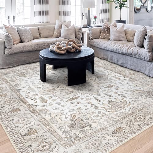 8x10 Area Rug, Vintage Washable Area Rugs, Non-Slip Rug for Bedroom, Distressed Soft Modern Low-Pile Carpet Stain Resistant, Dining Home Decor Office Boho Rug Brown… - color: Cream, size: 8' x 10' (Rectangular)