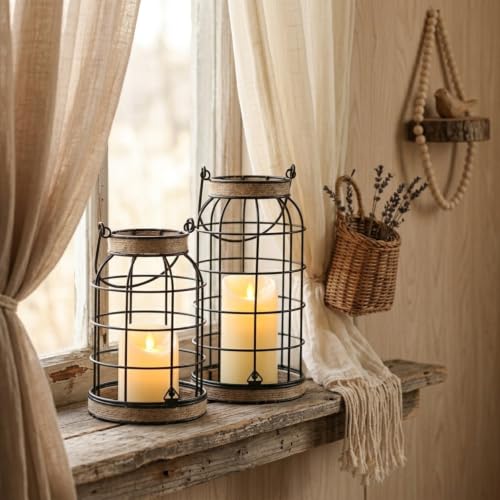 Rustic Farmhouse Candle Lantern, 2Pcs Decorative Lantern Decor with Candles