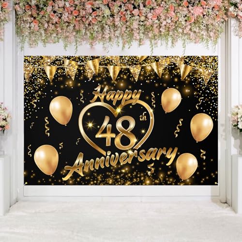 Happy 48th Anniversary Backdrop Party Decorations, Black Gold Glitter Bokeh Dots Valentine's Day Wedding Anniversary Party Photo Background Cake Table Banner Extra Large Wall Decor Props. 6 * 4ft (48) - color: 48