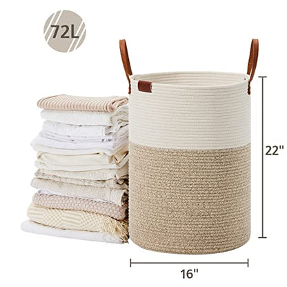 VIPOSCO 72L Tall Woven Rope Laundry Hamper, Leather Handles, White & Brown - color: Brown, size: 72L