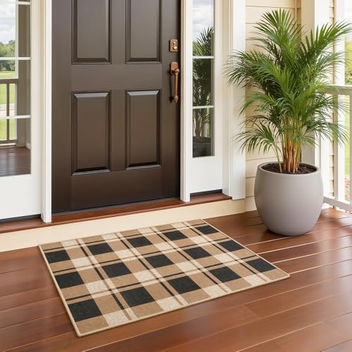 AROGAN 2x3 Checkered Jute Mat, Washable Non-Slip Farmhouse Rug, Black/Brown - color: Nature, size: 2' x 3' (Rectangular)