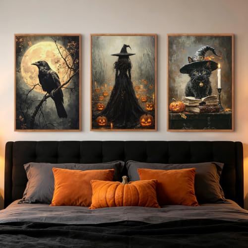 KAIRNE Black Cat Halloween Wall Art Dark Witch Gothic Print Set-24’’X36’’X3 - color: Dark Halloween, size: 24"Lx36"W