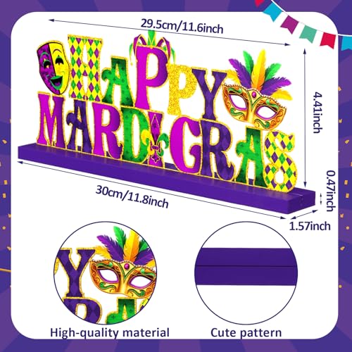 MiniInflat Happy Mardi Gras Metal Sign Carnival Table Decor New Orleans Tiered Tray Decor with Wooden Base Freestanding Metal Word Sign for Home Tabletop Centerpiece Mantel Shelf Fireplace - style: Happy Mardi Gras