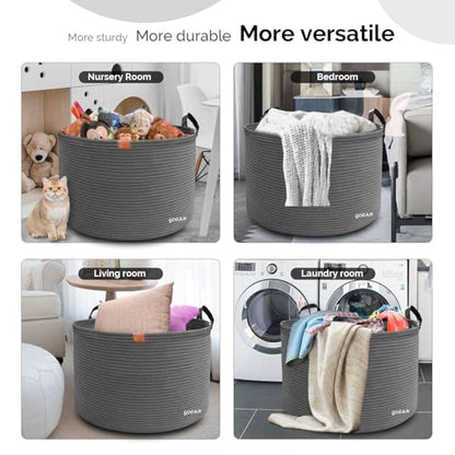 Cotton Rope Woven Laundry Basket 22"X 22"X 14" with handles(Dull grey) XXXL - color: Dkgrey