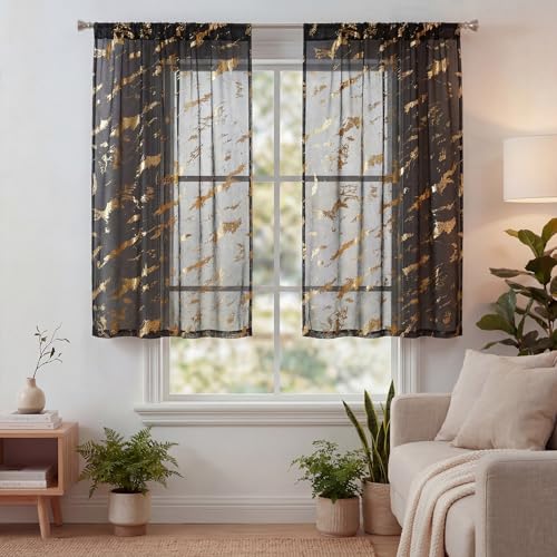 Horaldaily 2Pcs Black Tier Curtains for Window 52x36in, Gold Sequin Marble - color: Black and Gold, size: 52"W x 36"L (Pack of 2)