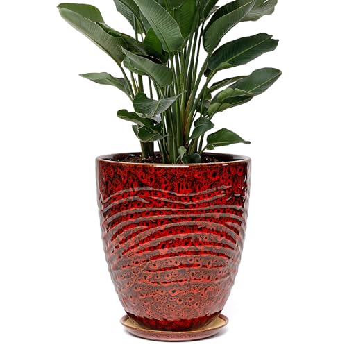 9.5 Inch Modern Ceramic Plant Pot with Saucer, Flower Pot with Drainage Hole Mesh Net,Indoor Outdoor Planter (Speckle Red) - color: Peacock Red, size: 9.5 Inch