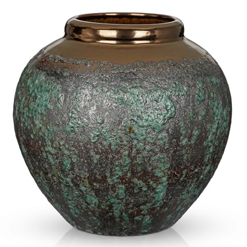 Ceramic Flower Vase, Rustic Farmhouse Flower Vase with Bronze Rim