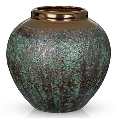Ceramic Flower Vase, Rustic Farmhouse Flower Vase with Bronze Rim