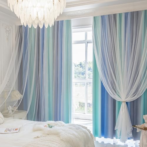 XiDi 100% Blackout Curtains for Girls Bedroom Living Room 96 Inch Length 2 Panels Kids Rainbow Blue Green Grey Mix & Match Double Layer Curtains with Sheer Overlay Grommet Window Drapes 34W x 96L - color: Blackout-blue-green-grey, size: 34"W x 96"L (Pack