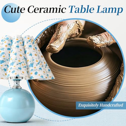 Blue Ceramic Small Table Lamp for Small Space, Cute Bedside Lamps Nightstand Mini Lamps, Scalloped Shade Lamp for Kitchen Counter, Bookshelf, Kids Dorm - color: Blue