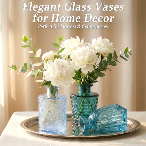 Set of 15 Blue Glass Bud Vases Small Textured Flower Vases - color: Blue