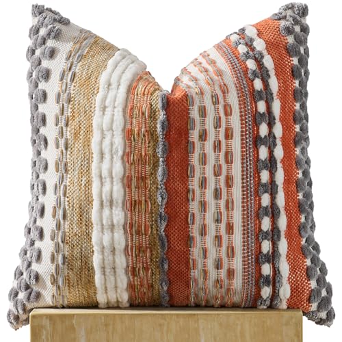 AmHoo Chenille Tufted Striped Textured Boho Throw Pillow Covers Aesthetic Woven Decorative Pillow Case for Couch Bed Sofa Bedroom Modern Funky 18 x 18-Inch Orange Grey - color: Orange Grey, size: 18" x 18" (Pack of 1)