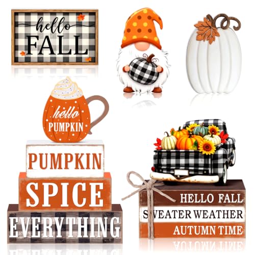 11 Pcs Fall Wooden Table Decorations Pumpkin Tiered Tray Decor - style: Hello Fall