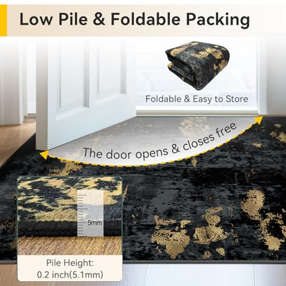 RELEANY Washable 2'x3' Abstract Area Rug for Living Room Black Gold - color: Black/Gold, size: 2' x 3' (Rectangular)