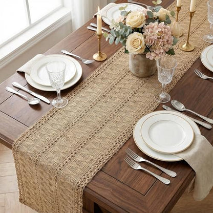 Burlap Boho Table Runner Macrame Brown 36in Farmhouse Woven Runner - color: Brown, size: 12'' x 36''