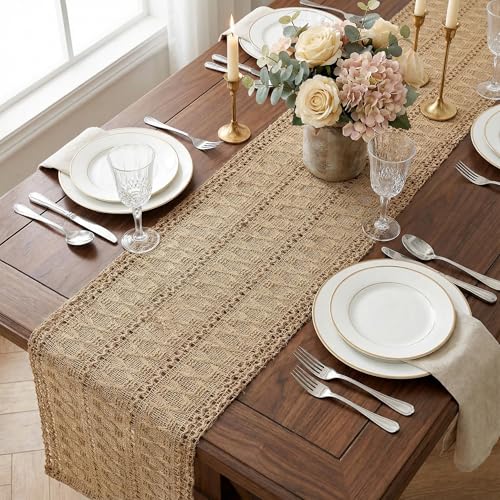 Burlap Boho Table Runner Macrame Brown 108in Farmhouse Woven Runner - color: Brown, size: 12'' x 108''