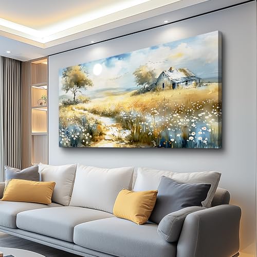KELIYUAN Wildflower Field Landscape Painting Modern Canvas Print Wall Art Rural Field Mural Artwork Living Room Dining Room Wall Decoation For Bedroom Office Farmhouse Home Decoration 24x48 Inches - color: Yellow Field, size: 48"L x 24"W