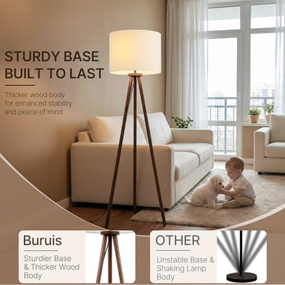 Buruis 60.6 Inch Walnut Wood Tripod Floor Lamp with Linen Drum Shade, Beige - color: Beige