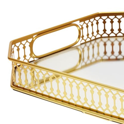 Serving Tray, Gold Perfume Tray 13.8"x9.6" Mirrored Vanity Tray Glass Metal Trinket Storage Tray Decorative Jewelry Tray for Dresser Bathroom Countertop (Rectangular) - size: 13.8" x 9.8" x 2"