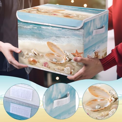 Briwooody Beach Storage Bin with Lid Handle Coastal Foldable Storage Box - style: Beach