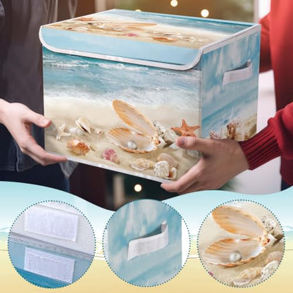 Briwooody Beach Storage Bin with Lid Handle Coastal Foldable Storage Box - style: Beach