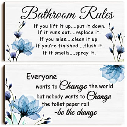 Jetec 2 Pcs Funny Bathroom Signs Wall Decor Farmhouse,Blue Floral - style: Blue Floral