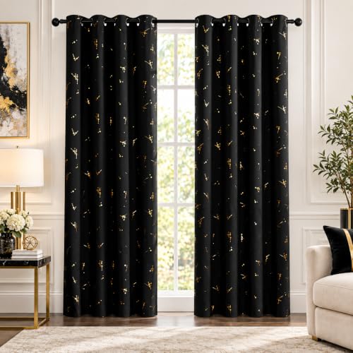 Deconovo Black Out Curtains 108 Inch Long, Curtains for Sliding Glass Door - color: Black/Floral Branch and Dots, size: 52"W x 108"L (Pack of 2)