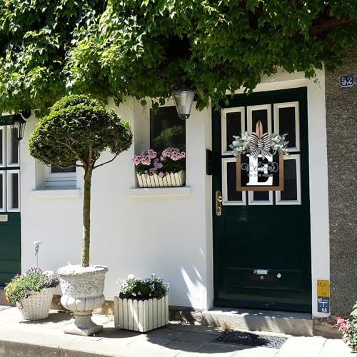 Last Name All Year Round Front Door Wreath with 26 Initial Letter Welcome Sign All Seasons Eucalyptus Garland and Bow ，Farmhouse, Porch, for Spring Summer Fall All Seasons Holiday Halloween Christmas.（E） - color: E