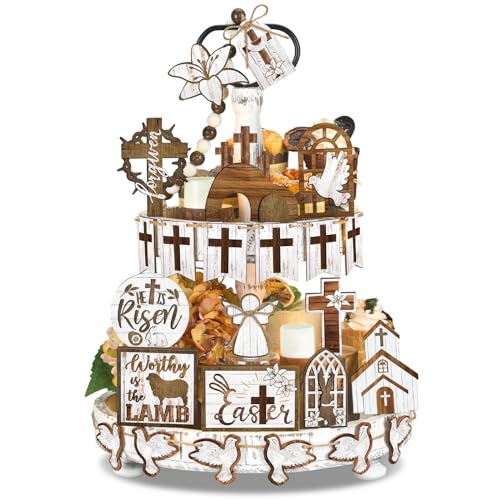 Amyhill 31 Pcs Religious Easter Tiered Tray Decor Christian Easter Decorations He is Risen Christian Wooden Signs Farmhouse Cross Lily Dove Table Decor for Home Kitchen Shelf Coffee Bar - style: Brown Easter