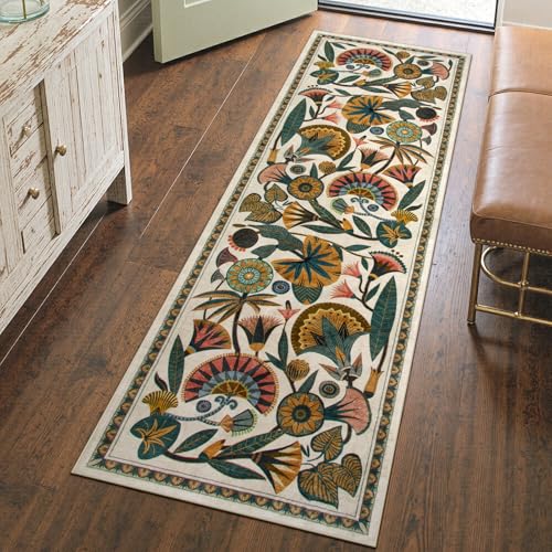 Zealude Washable Kitchen Runner Rug, Floral 2x6 Rug Runners for Hallways, Washbale Non Slip Beige Rugs, Soft Low Pile Carpet for Bedroom Entryway Laundry Room - color: Beige, size: 2' x 6' (Runner)