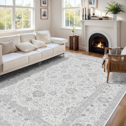 Boho Washable Area Rug Neutral Grey 5x7 Rugs for Living Room, Floral Modern Bedroom Rug Indoor Carpet for Dining Room Kids Room Playroom - color: Vintage Light Grey, size: 5'x7'
