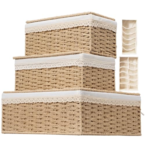 Nonam Rattan Divided Storage Basket with Lid, Set of 3, Natural - color: Divided Paper * Set of 3