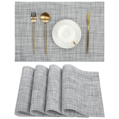 SHACOS Woven Vinyl Placemats Set of 4 Wipe Clean Reversible Table Mats Heat Resistant Wipeable Non Slip Place Mats Indoor Outdoor, Gray White - color: Gray White, size: Set of 4