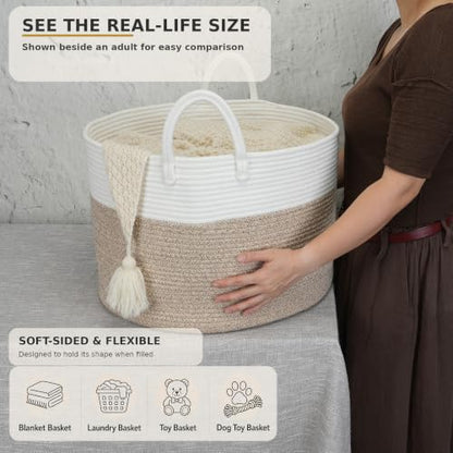 XUANGUO 66L Large Blanket Basket, Round Cotton Rope Basket, White & Brown - color: white and brown