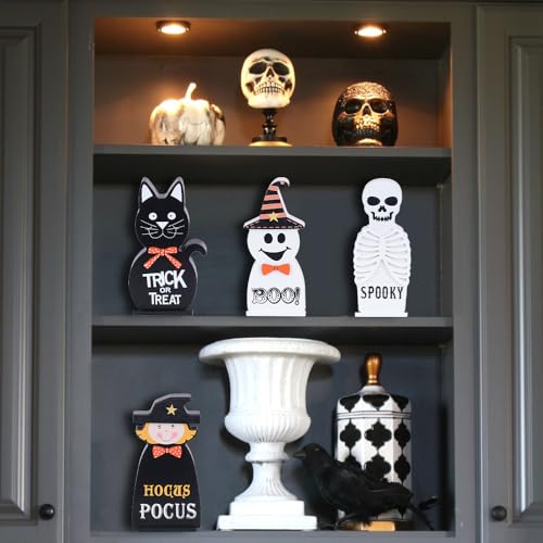 Halloween Decorations Indoor, DECSPAS 4 PCS Wood Blocks Halloween Table Decor, Ghost Black Cat Skull Witch Gothic Tabletop Ornaments, Hocus Pocus Decorations for Home, Tiered Tray, Shelf, Mantel - style: Halloween - Ghost, Cat, Skull, Witch