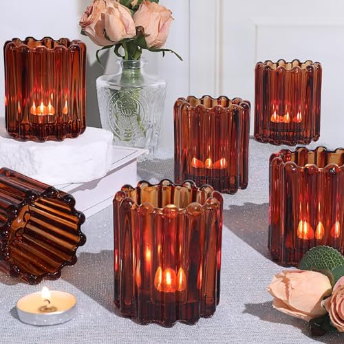 6 Pcs Votive Candle Holder, Amber Glass Vintage Tea Light Candle Holders - color: Amber