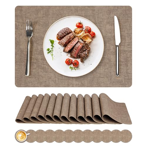NCUE Vinyl Placemats Set of 12, 17"x12" Wipeable Place Mats with Coasters - color: Light Coffee, size: Set of 12