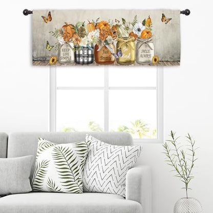 Miyotaa Autumn Fall Pumpkin Flower Kitchen Curtain Valance 54W x 18H Rod Pocket Farmhouse Rustic Harvest Checkered Country Plaid Positive Window Treatment for Living Room Bedroom Bathroom - color: Pumpkin Flower Butterfly, size: 54"W x 18"L (Pack of 1)