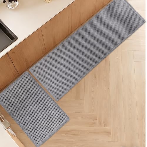 Luxury Waffle Bath Mat, Super Absorbent Non Slip Bathroom Rugs, Boho Ultra Soft Comfort Machine Washable Quick Dry Floor Mats with Tassels (Grey, 17" x 24" + 24" x 72") - color: Grey, size: 17" X 24" + 24" X 72"