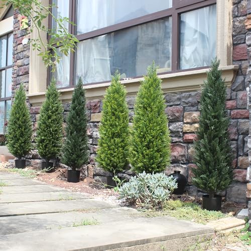 Two 4ft Artificial Topiary Tree Fake Bushes Potted Plants UV Resistant Faux Cedar Trees Artificial Outdoor Shrubs for Front Porch Garden