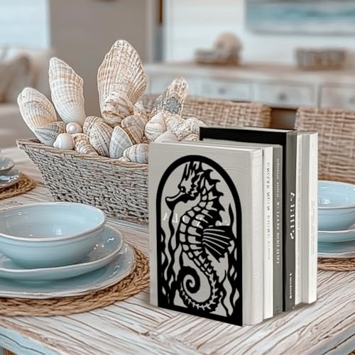 Peacoblue 5.3"x4.3"x7.9" Metal Bookends, Heavy Duty Book Ends for Shelves - style: Seahorse