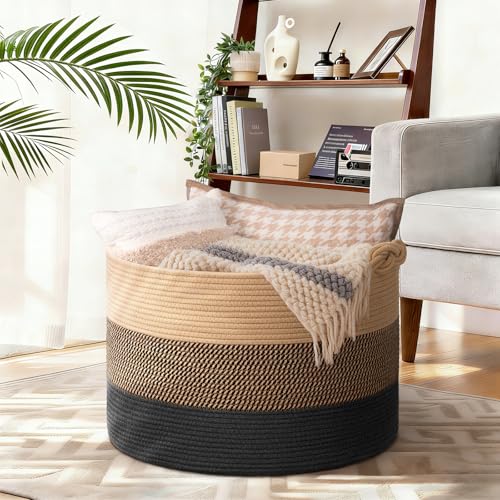 CherryNow 22"x22"x14" Large Blanket Basket, Home Décor for Living Room Bedroom, Decorative Wicker Woven Basket for Clothes, Toy Storage Basket for Kids, Camel Mix & Black - color: Camel Mix & Black, size: 83L (22"W x 14"H)
