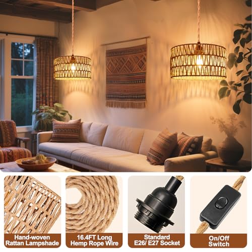 Maliralt Hanging Lamps Rattan Pendant Light Hanging Lights 16.4ft Plug in Cord Pendant Light Fixture Plug Into Wall Outlet Pendant Lighting with On Off Switch for Bedroom Living (Cylindrical Shade) - size: 12.6 Inch - Cylindrical Shade